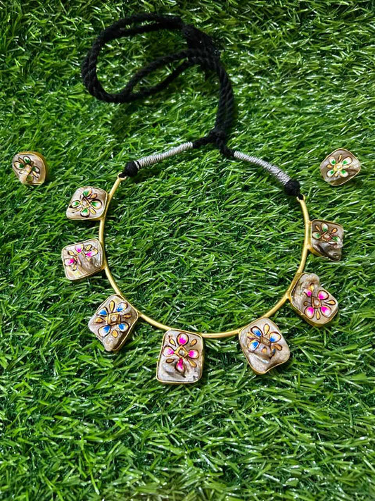 Elegant Brass Floral Enamel Mother of Pearl Set