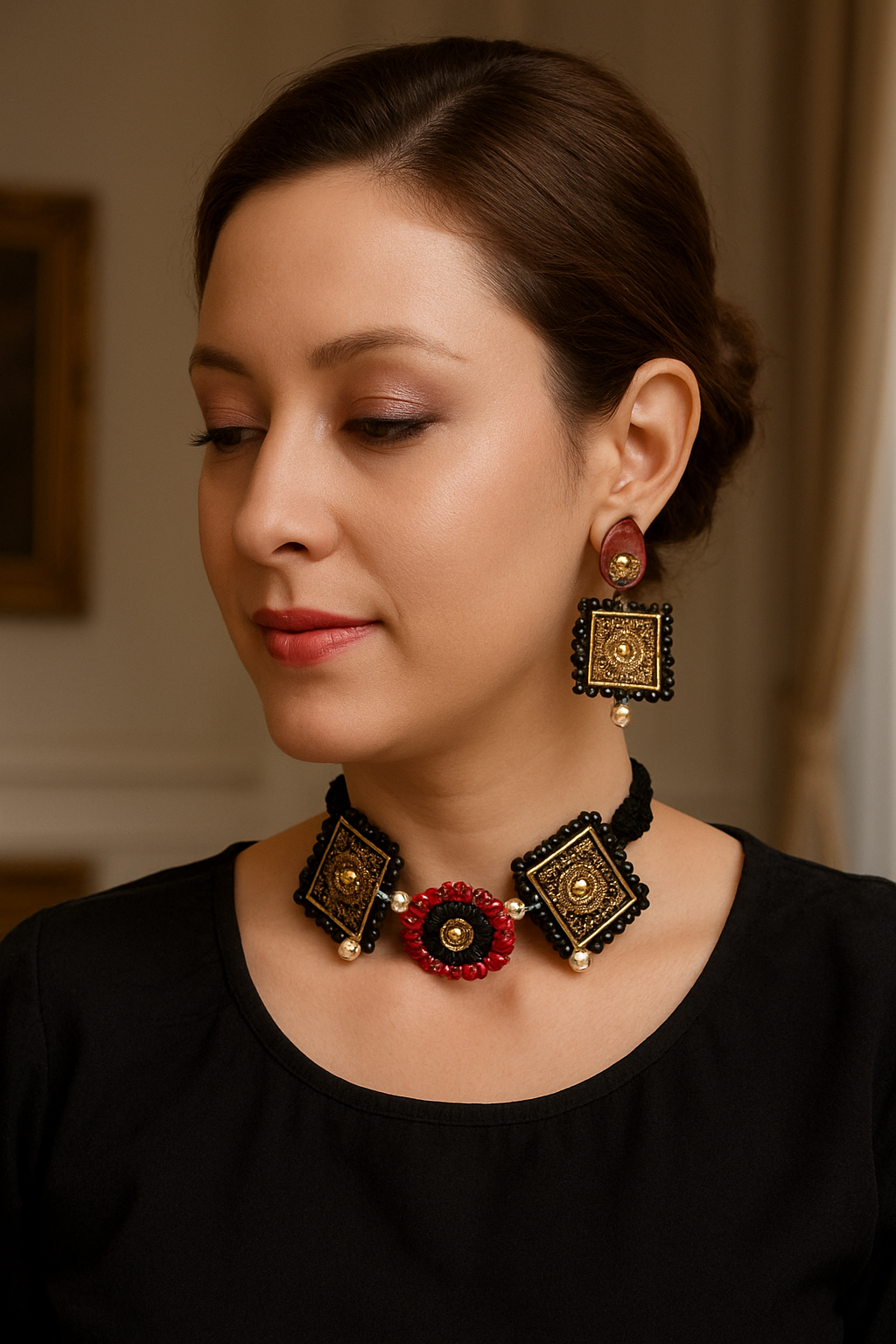 Brass Base Carving Stone Necklace Set