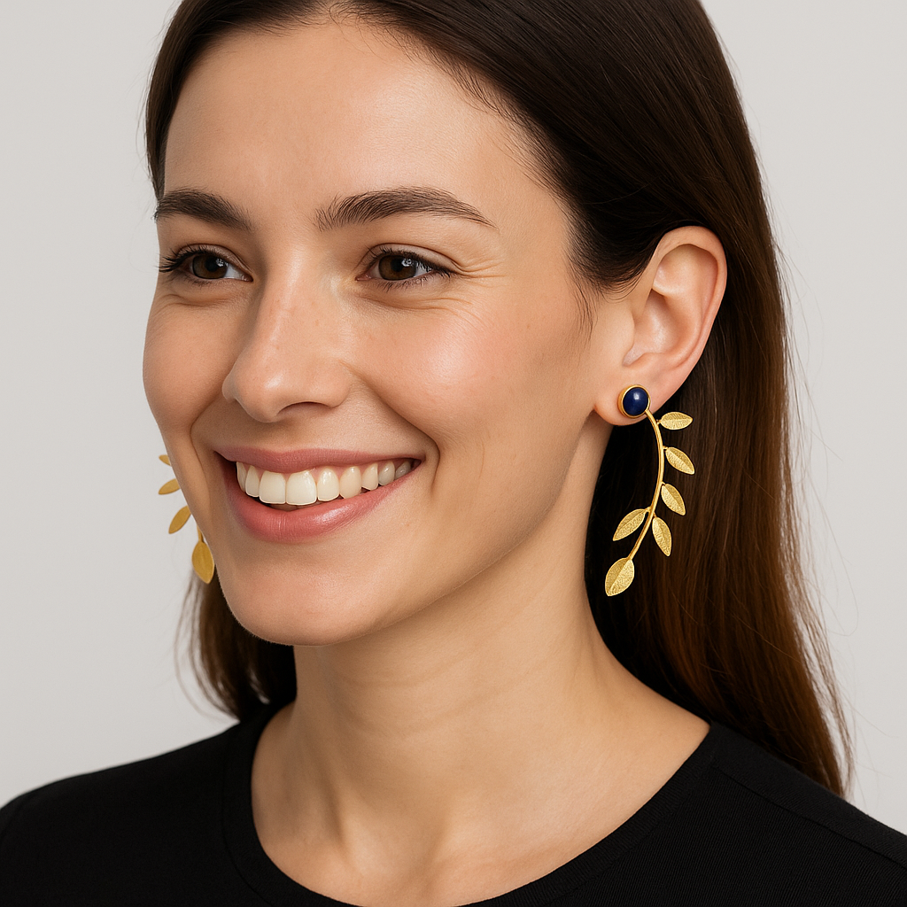 Brass Gold Plated Leaf Design Monalisa Stone Earring