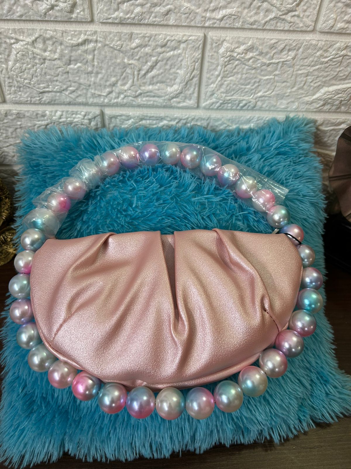 Pearl Blush Dream – Satin Mini Clutch with Pearl Handle