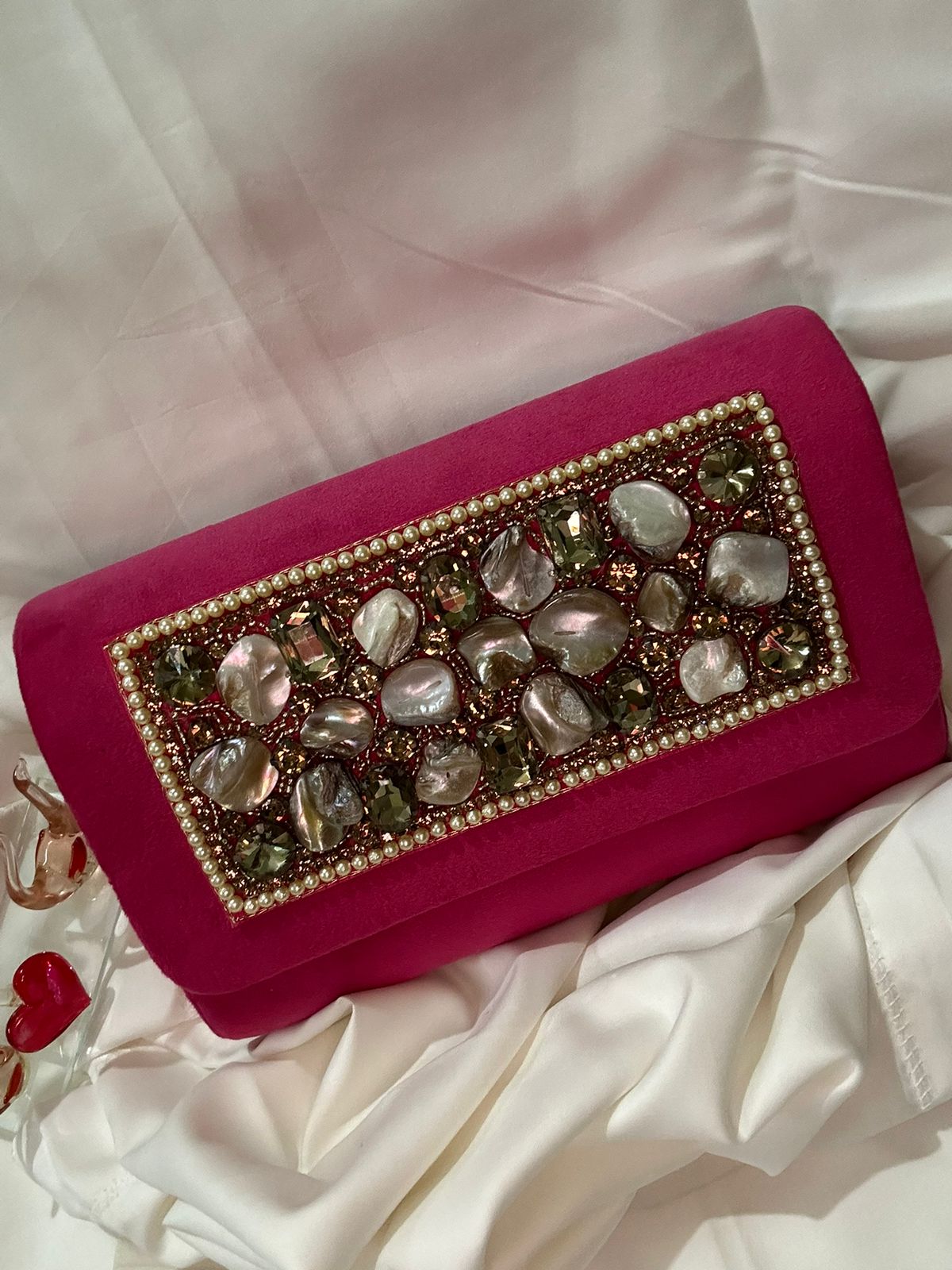 Elegant Fuchsia Clutch with Gemstone Embellishments