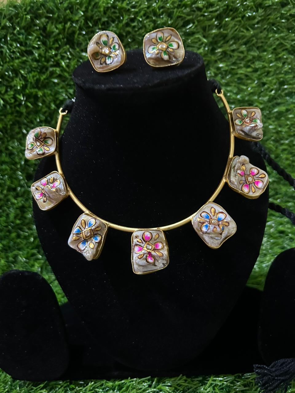 Elegant Brass Floral Enamel Mother of Pearl Set