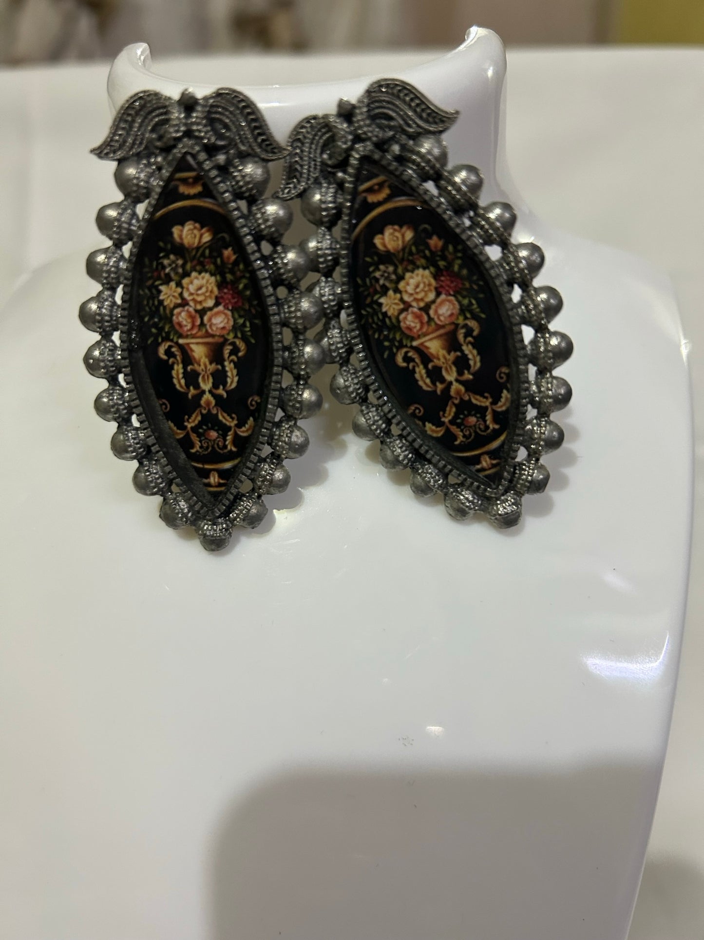 Oxidized Antique Floral Enamel Earrings