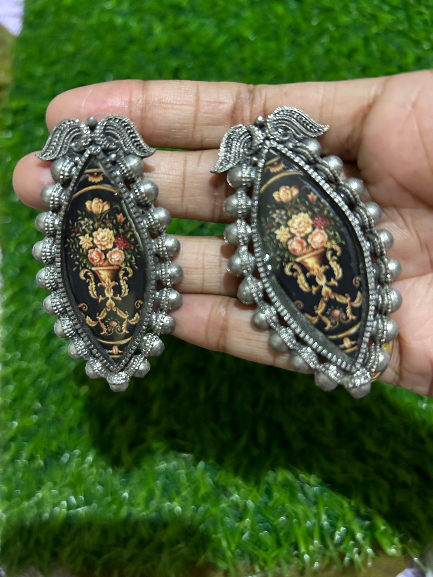 Oxidized Antique Floral Enamel Earrings