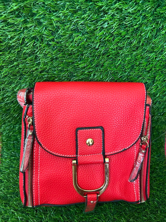 Bold Red PU Leather Crossbody Bag with Gold Accents