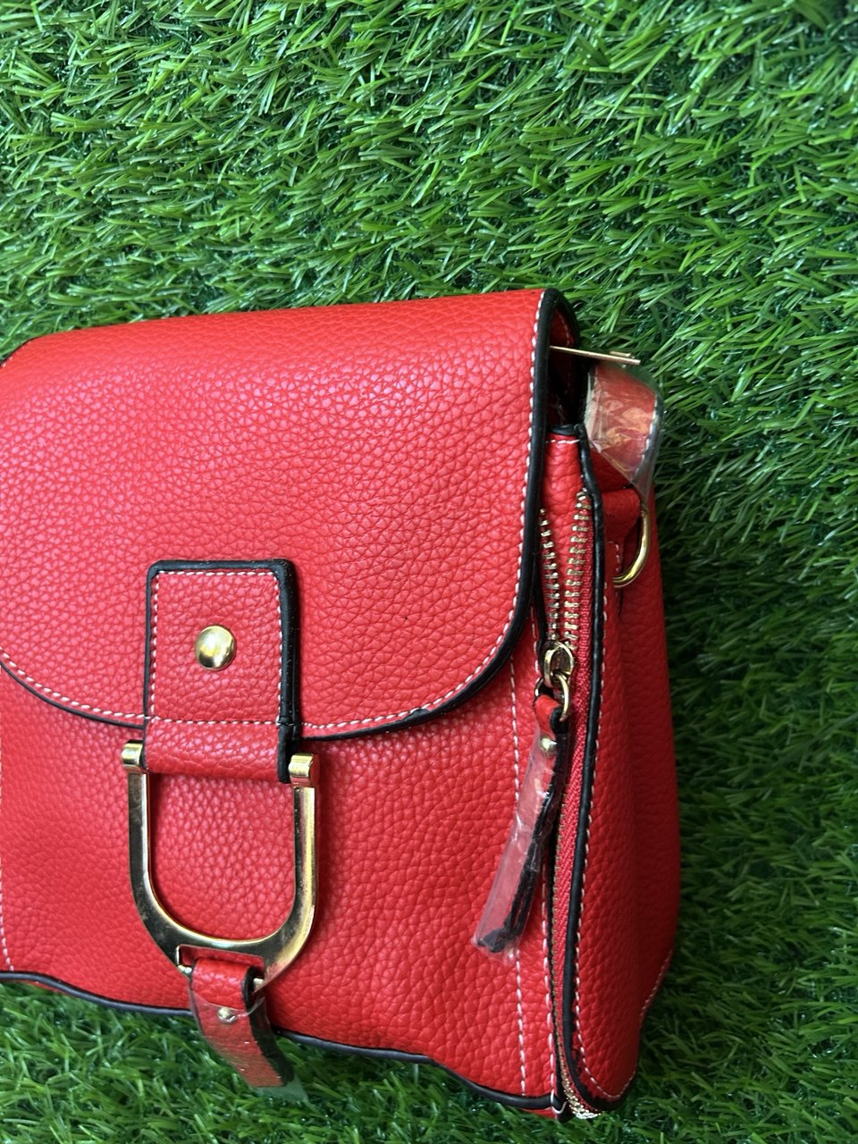 Bold Red PU Leather Crossbody Bag with Gold Accents