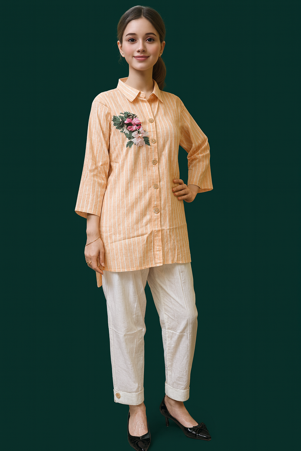 peach-orange striped cotton co-ord set