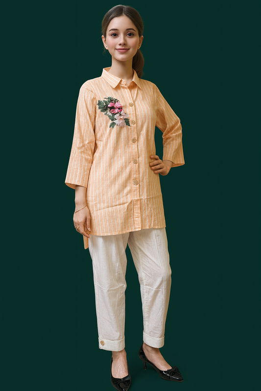 peach-orange striped cotton co-ord set