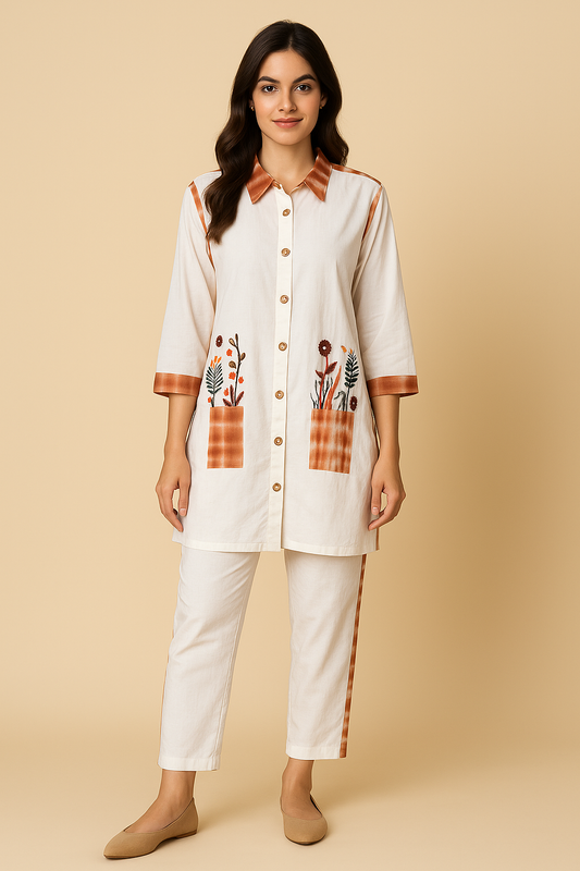 Chic Ivory C0-Ord Set with Rustic Floral Pocket Embroidery