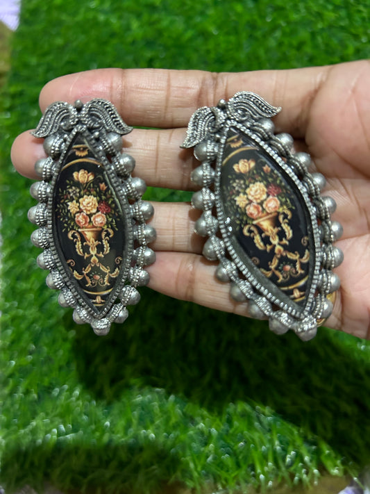 Oxidized Antique Floral Enamel Earrings