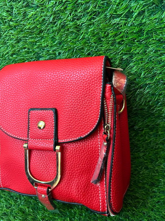 Bold Red PU Leather Crossbody Bag with Gold Accents